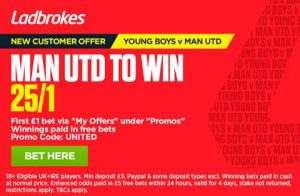 Man Utd to beat Young Boys 25/1 enhanced odds
